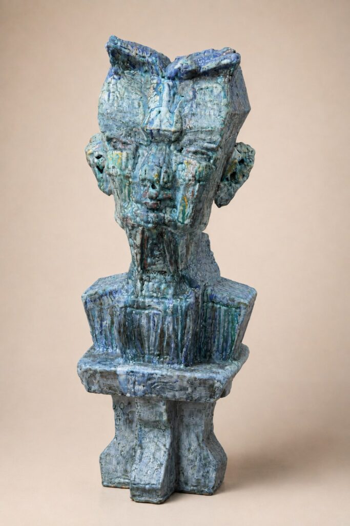 Blue-glazed cubist figure. Ceramic sculpture by Ted Fullwood