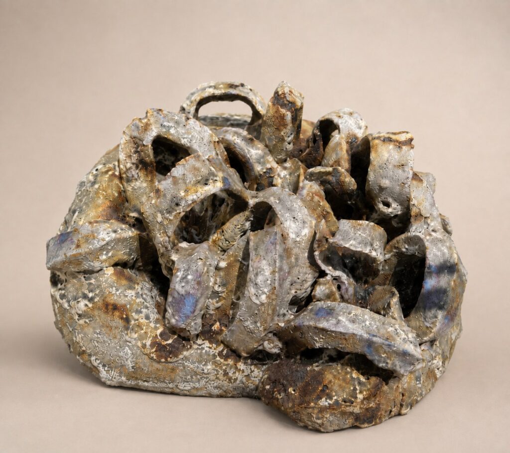 Low rocky form of interlocking loops. Ceramic sculpture by Ted Fullwood