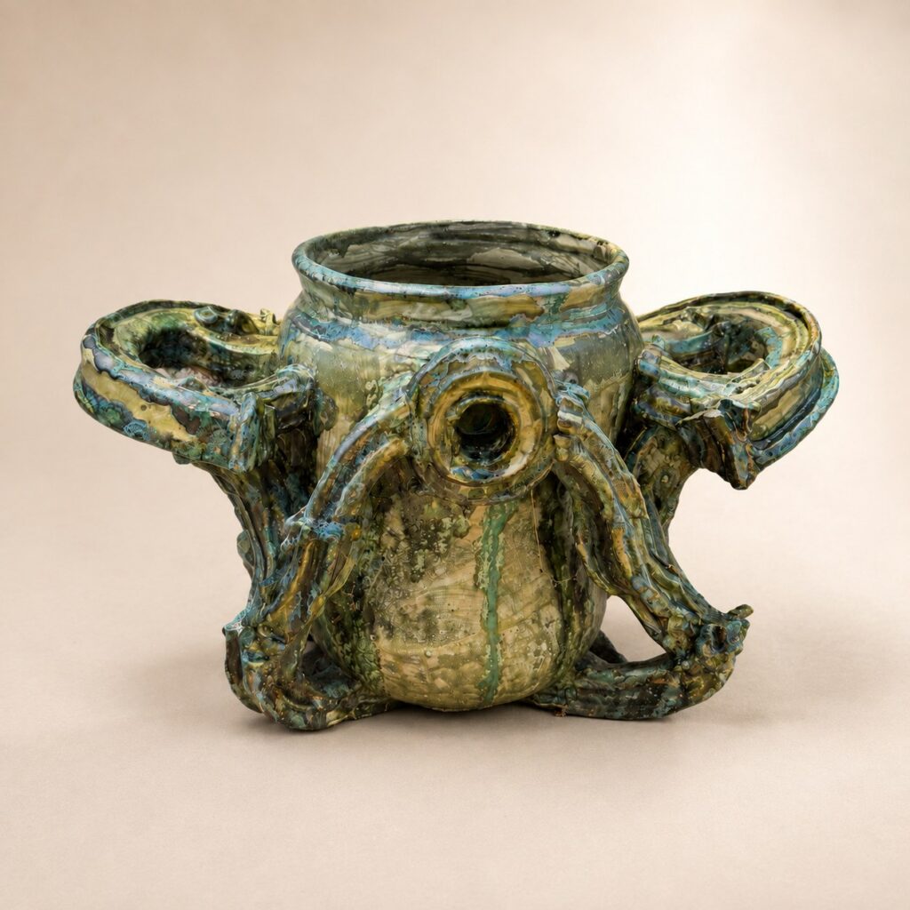 Green-glazed vessel with looping handles. Ceramic sculpture by Ted Fullwood