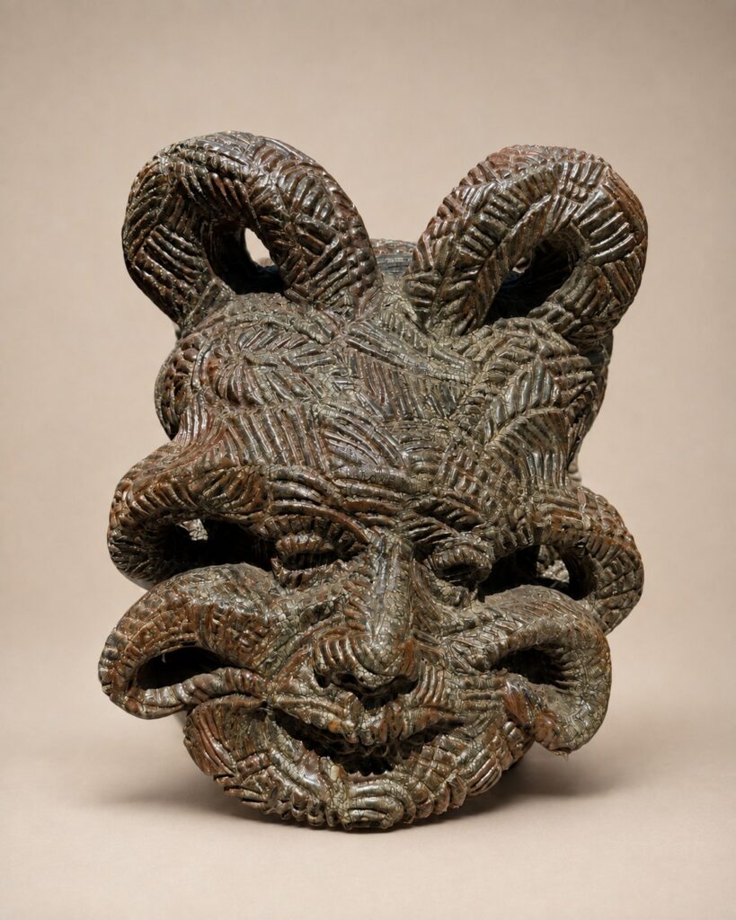 Horned face mask with ribbed texture. Ceramic sculpture by Ted Fullwood
